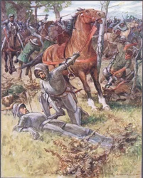 Earl Percy lämnade livet och tog den döde mannen i handen, illustration från Ballads of Famous Fights, ca 1900